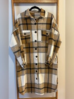 Plaid Button-Front Long Light Brown/Mustard, White, Grey, Black, and Tan Jacket